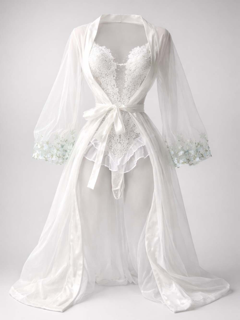 Delicate White Sheer Bridal Robe size small with Lace Bodysuit Set size xl